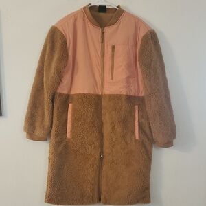 Backcountry Mixed Fabric Fleece Sherpa Teddy Long Coat Size Small Camel Peach